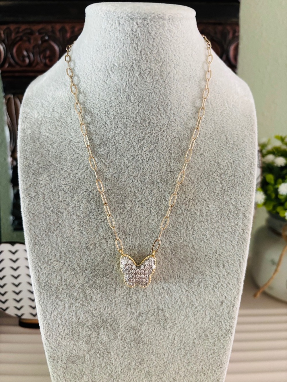 CZ Butterfly Necklace on Gold Paperclip Chain